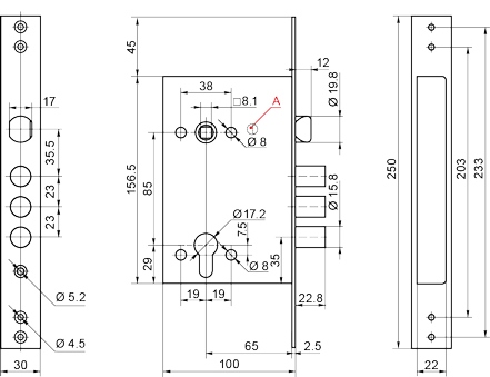 Корпус врезного замка с защёлкой ЗВ4-3Г /79048/ (Бордер)