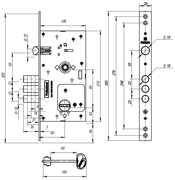 Замок врезной сувальдный MDV25/S-60.85.3R16 4key (удлин.ключ) (Фуаро)