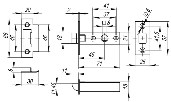 Защелка Fuaro врезная PLASTP12-45-25 (P12-45) AB бронза